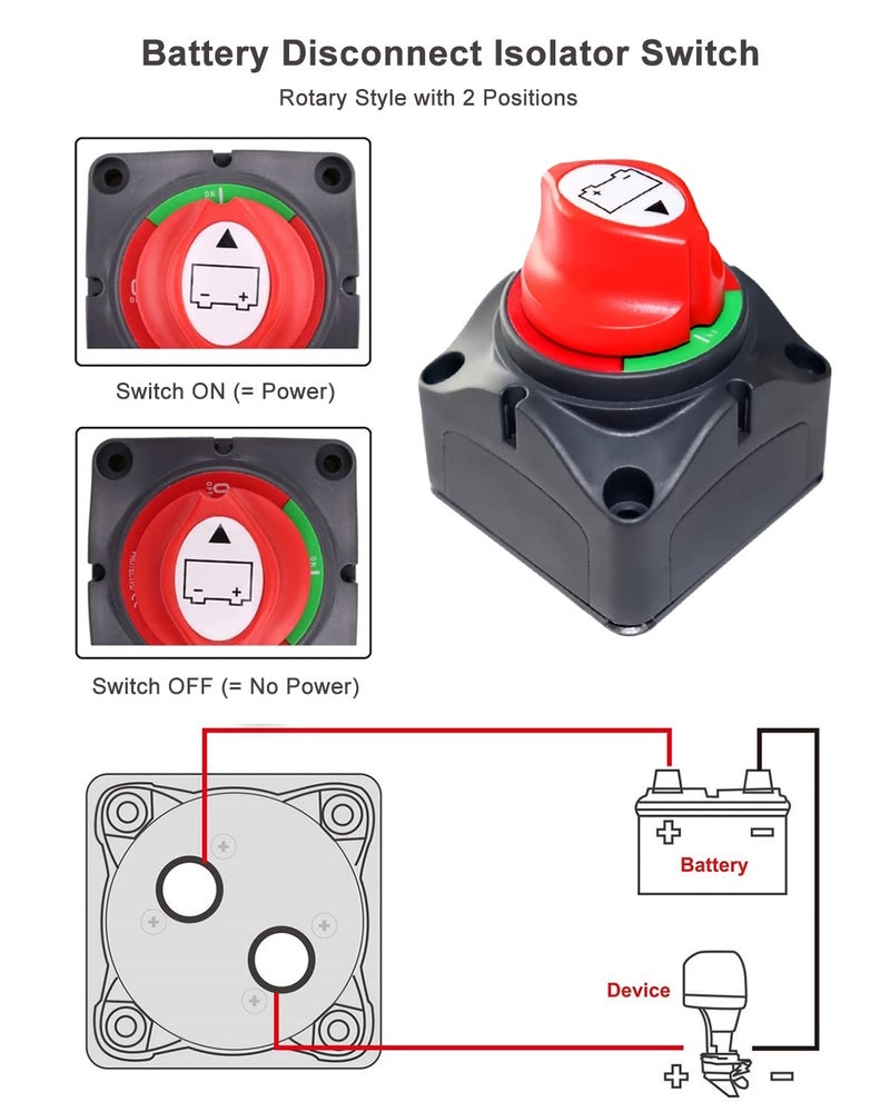 Gioyonil Battery Disconnect Switch Isolator, 12V-48V On-Off Power Cut Master Shut-Off Switch with 2 AWG x 3/8” Ring Terminals & 3:1 Heat Shrink for Marine Camper Trailer RV Boat Automotive - Image 3